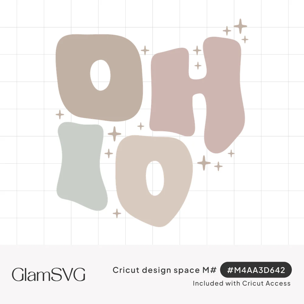 Wavy block letters spelling OHIO in muted taupe, pink, sage and beige with small sparkle stars around them