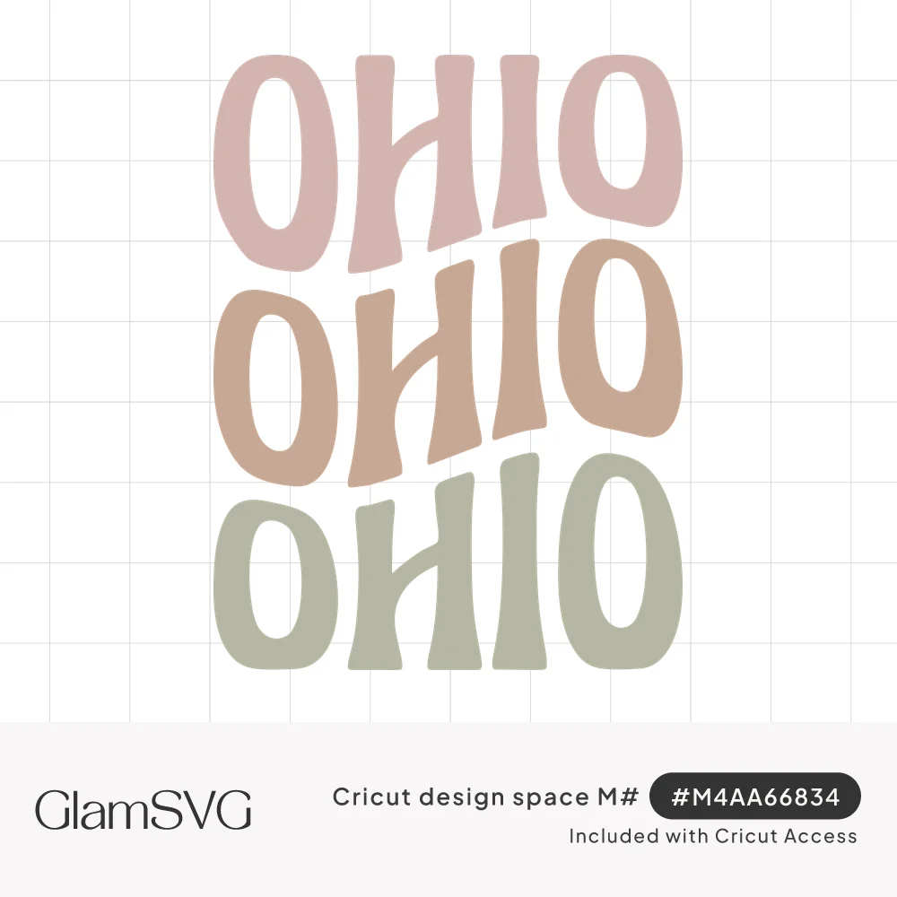 The word OHIO repeated three times in wavy groovy letters in dusty pink, terracotta and sage green