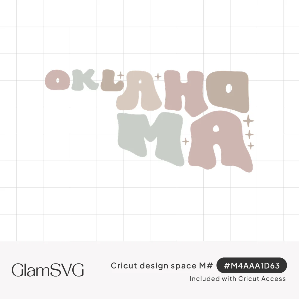 Puffy pastel bubble letters spelling Oklahoma arranged in the shape of the state with small sparkles