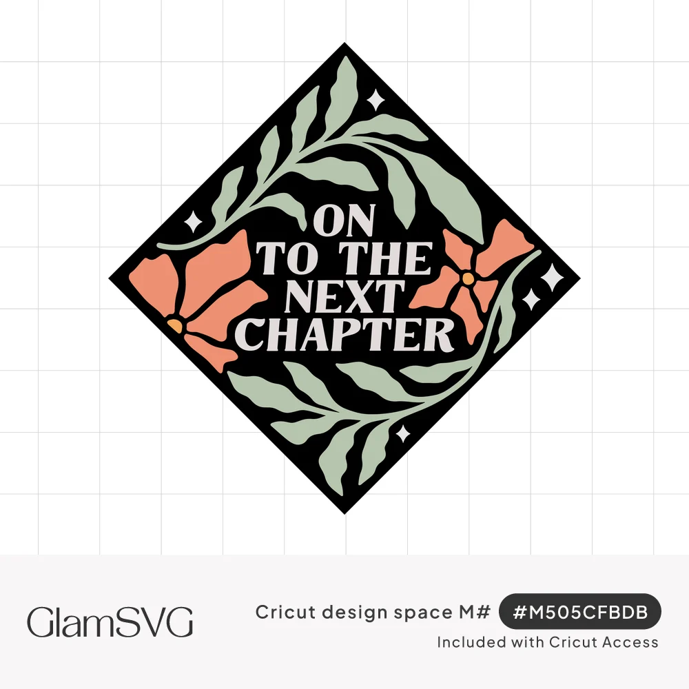Black diamond with coral flowers, sage leafy vines, sparkles and white text reading On to the Next Chapter