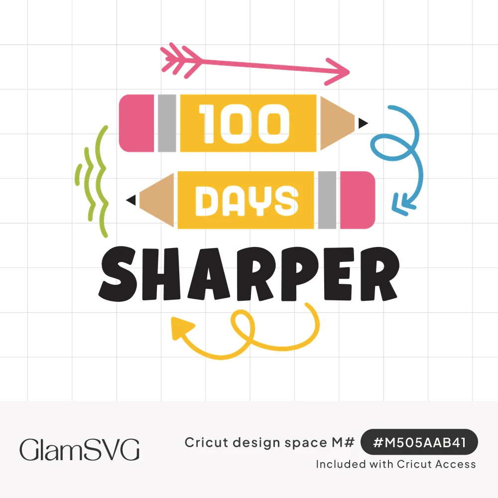 100 Days Sharper lettering on two yellow pencils with pink erasers, framed by colorful arrows and green squiggles