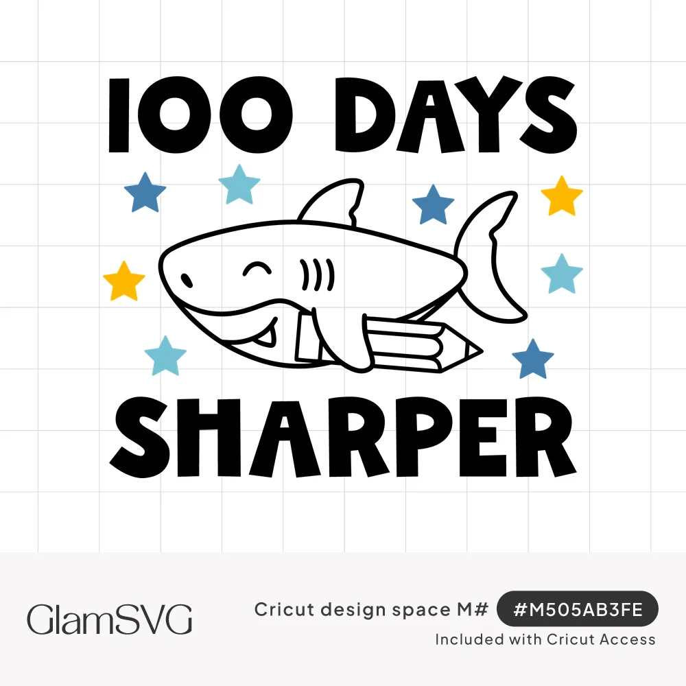 Smiling cartoon shark holding a pencil among blue and yellow stars with bold text reading 100 Days Sharper
