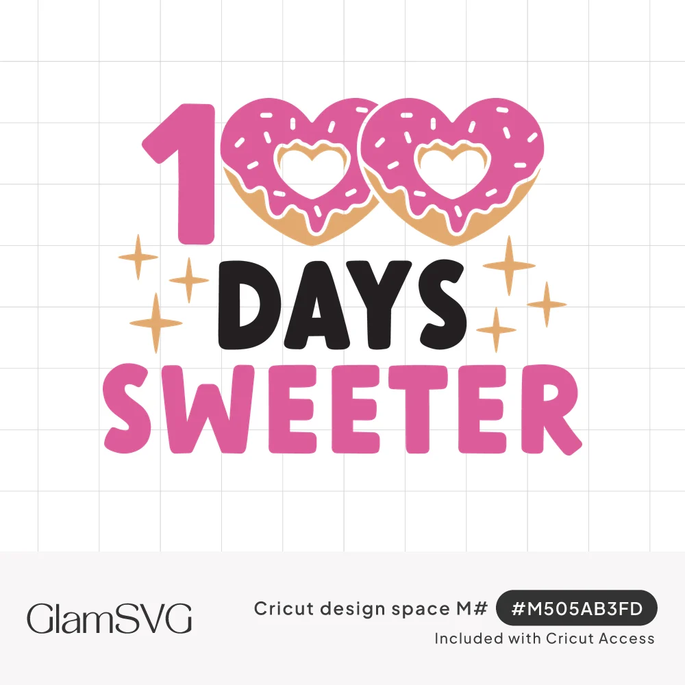 Pink number 100 with heart-shaped frosted donuts as zeros above the words Days Sweeter and gold sparkles