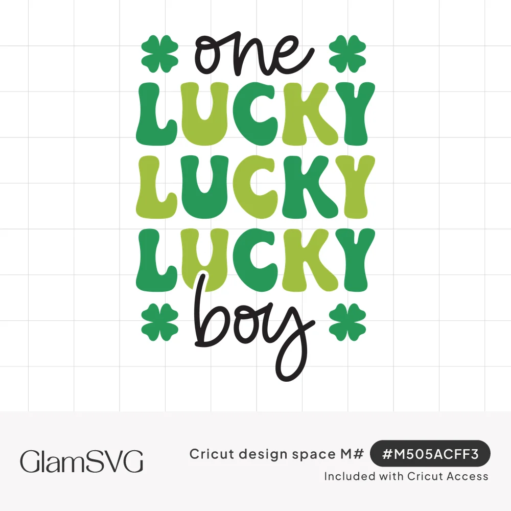Retro green stacked text reading one lucky lucky lucky boy with black script and four-leaf clovers in the corners