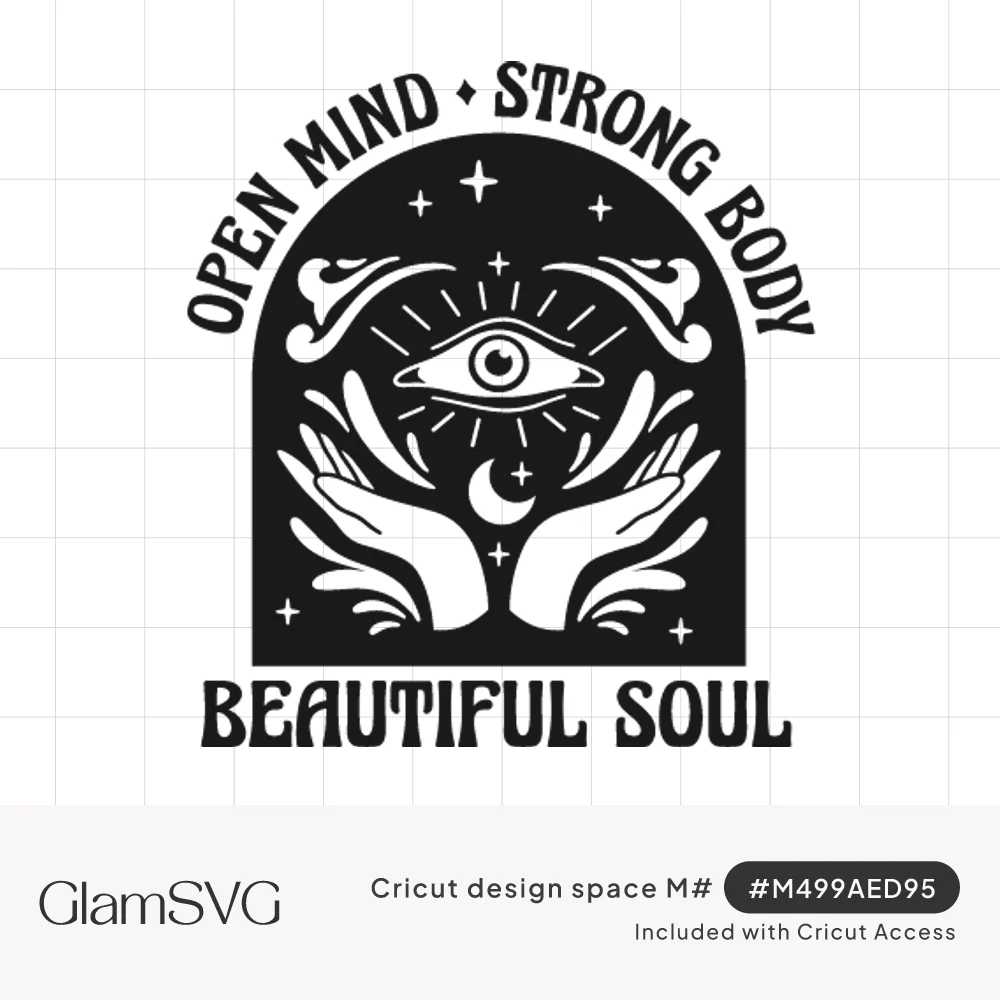 Black arched badge with an all-seeing eye, open hands, crescent moon and stars, lettered Open Mind Strong Body Beautiful Soul