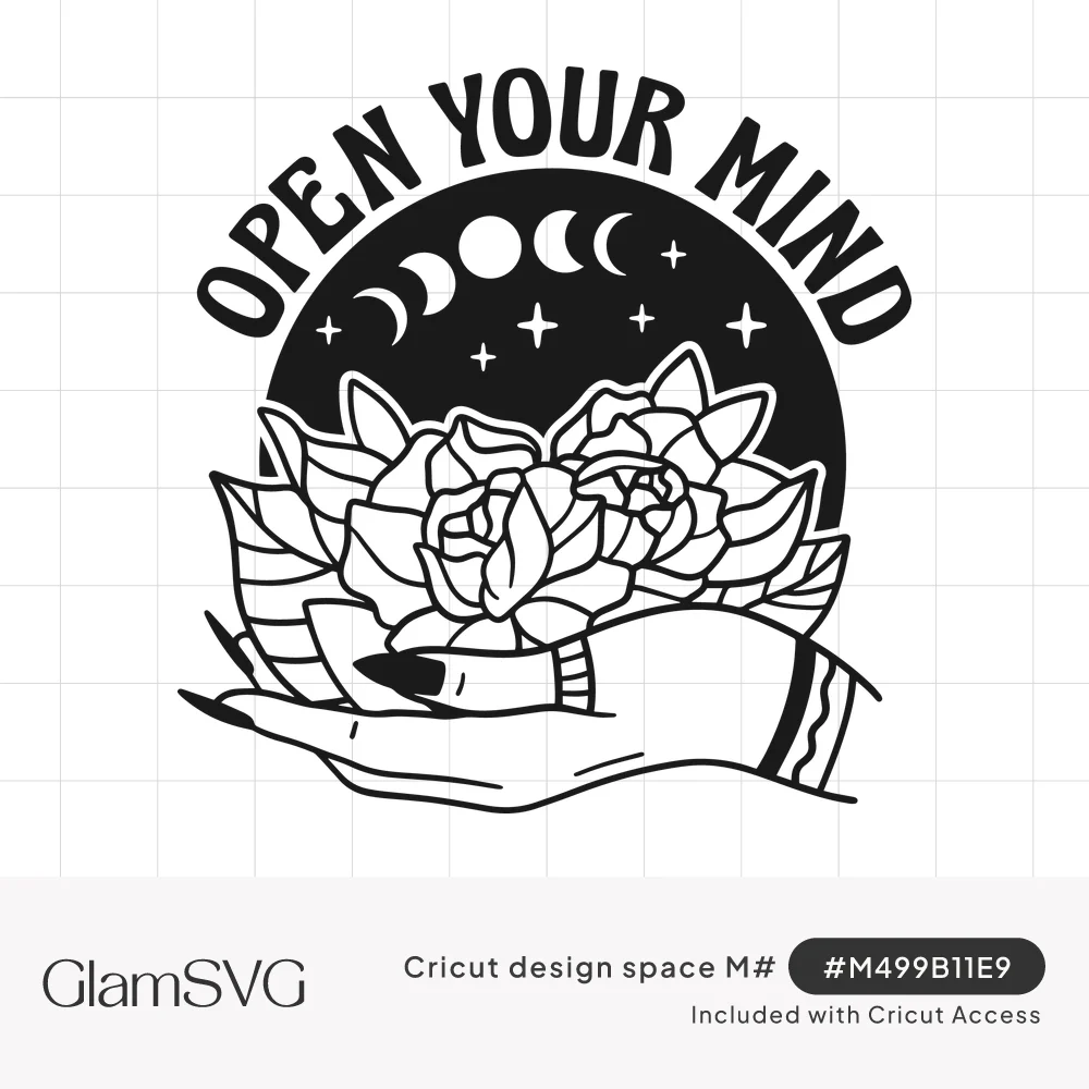Black line art of a hand with pointed nails holding roses beneath moon phases and stars, with Open Your Mind arched above