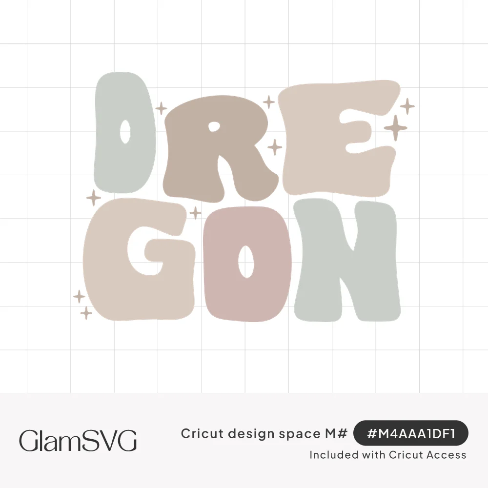 The word Oregon in chunky wavy retro bubble letters in muted sage, taupe and blush with small sparkles