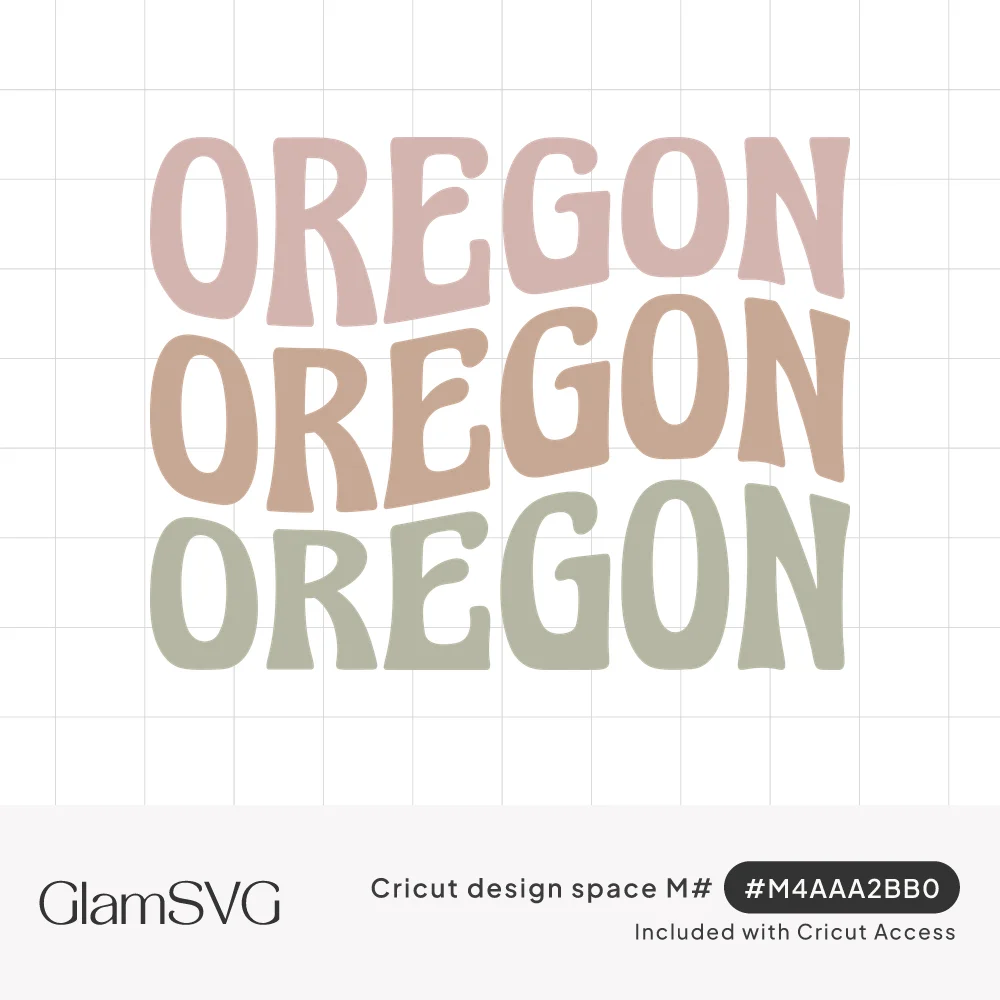 The word Oregon repeated three times in wavy retro block letters in dusty pink, tan and sage green