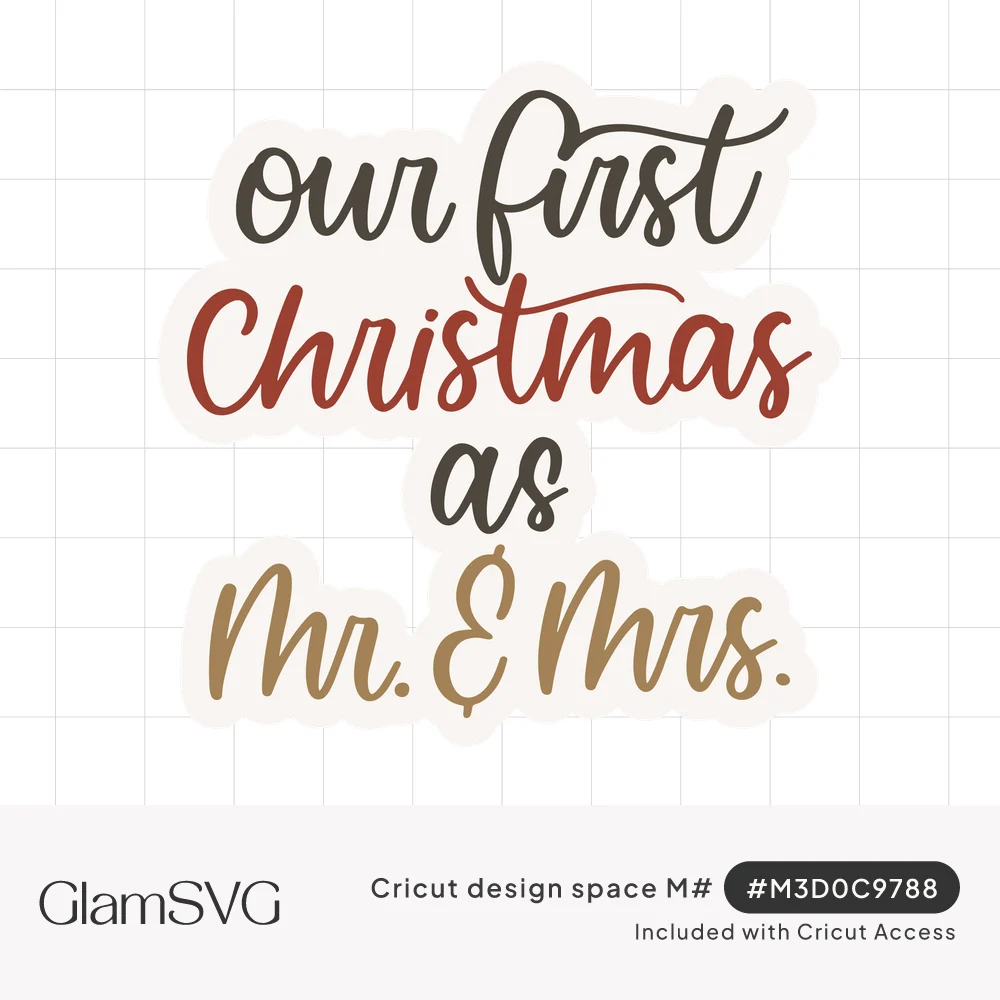 Script lettering reading our first Christmas as Mr. & Mrs. in charcoal, cranberry red and gold