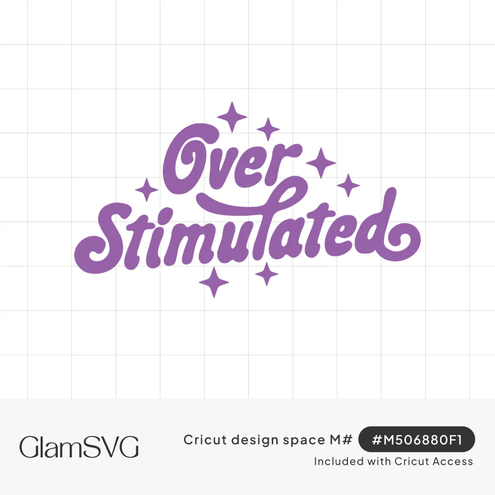 Purple retro script reading Over Stimulated surrounded by small four-point sparkle stars