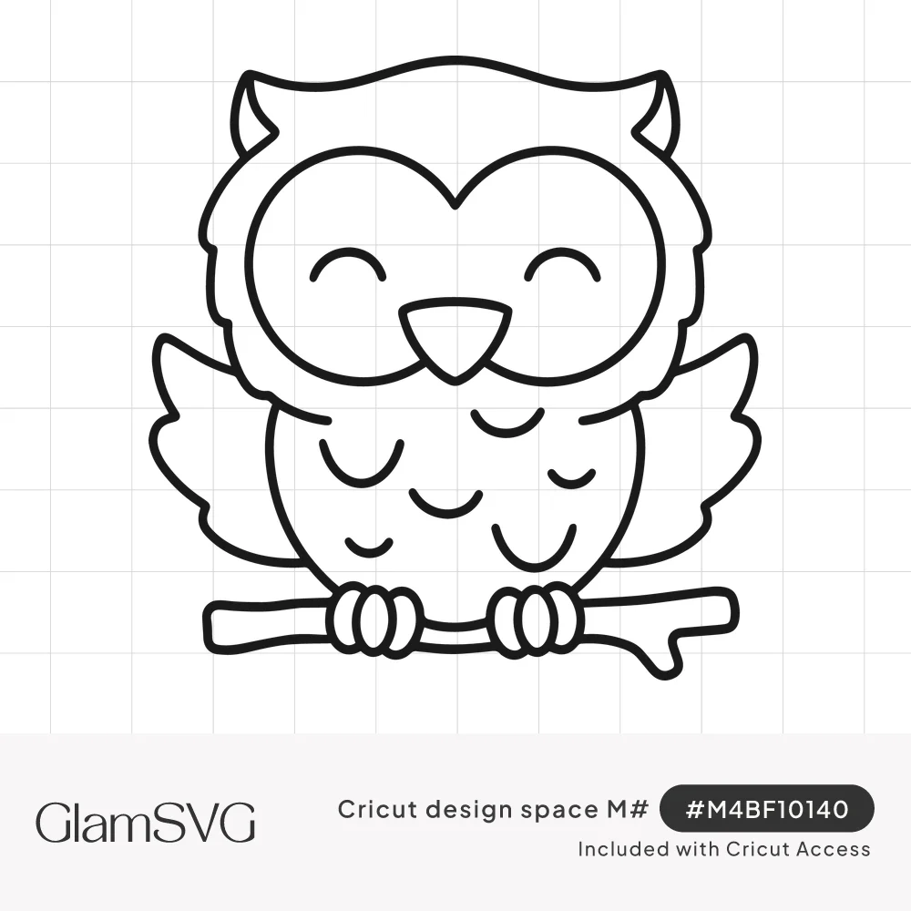 Black line drawing of a cute smiling owl with closed eyes and spread wings perched on a small branch