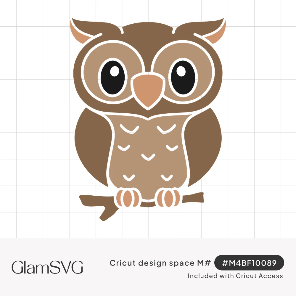 Cartoon brown owl with big round eyes, peach beak and ears, and chevron chest feathers perched on a branch