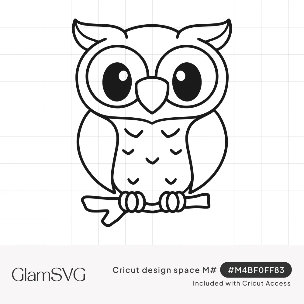 Black line drawing of a cute owl with big round eyes, ear tufts and chevron belly feathers perched on a small branch