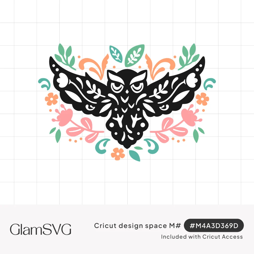Black owl with spread wings full of floral cutouts, surrounded by pink flowers, teal leaves and peach swirls