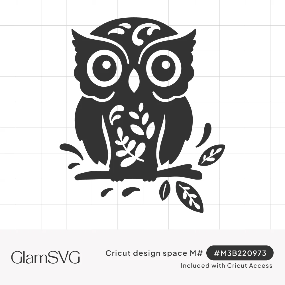 Black silhouette of a wide-eyed owl perched on a branch with cut-out leaf and swirl details and falling leaves