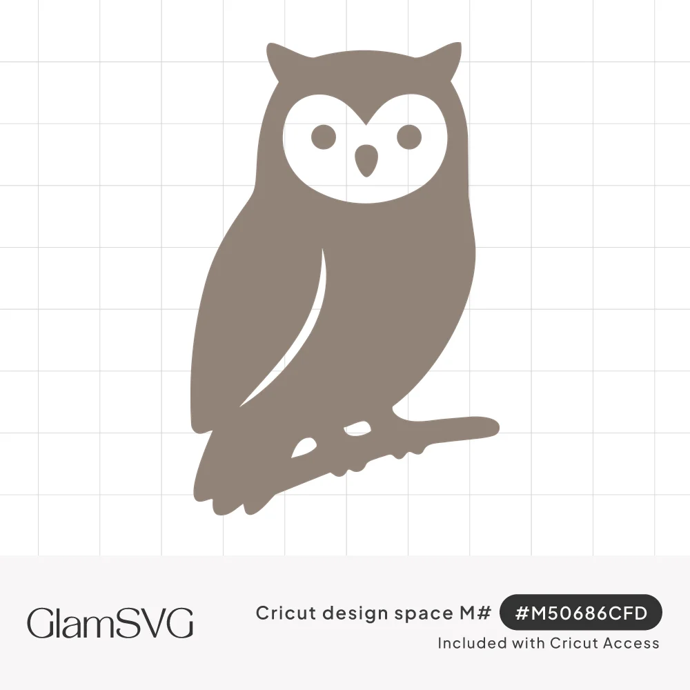 Taupe owl silhouette perched on a branch with tufted ears, heart-shaped face, round cutout eyes and a wing line
