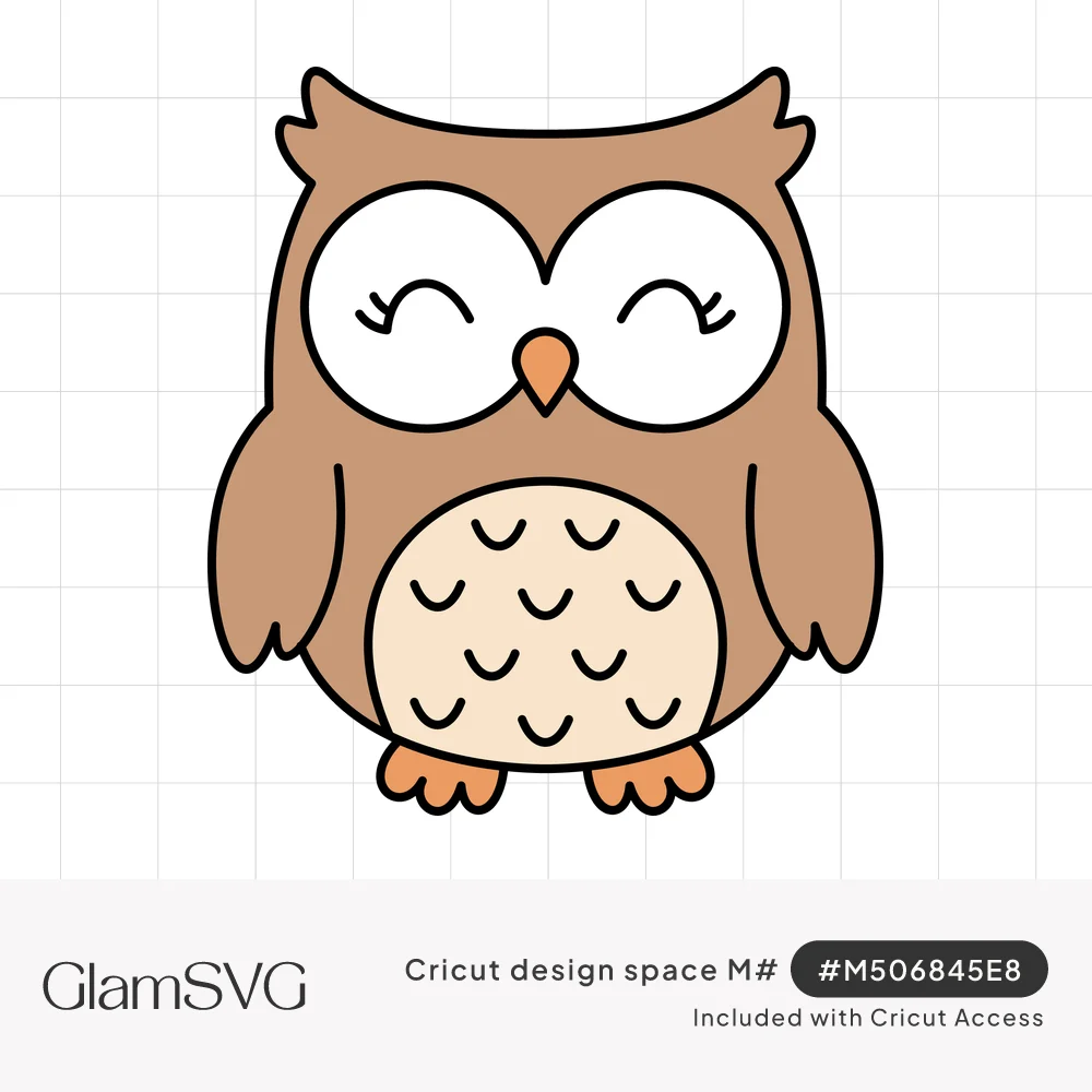 Cartoon brown owl with closed smiling eyes, eyelashes, orange beak and feet, and a cream feathered belly