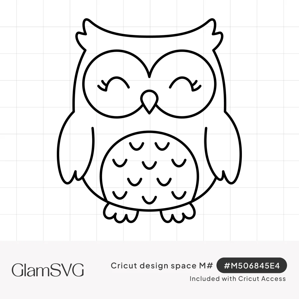 Black line drawing of a cute owl with closed smiling eyes, eyelashes, small beak, ear tufts and V-shaped belly feathers