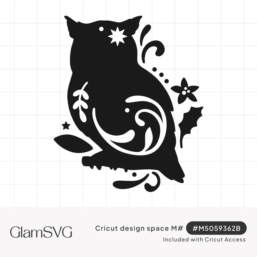 Black owl silhouette perched on a branch with swirl cutouts, a star, holly leaves, a small flower and dots