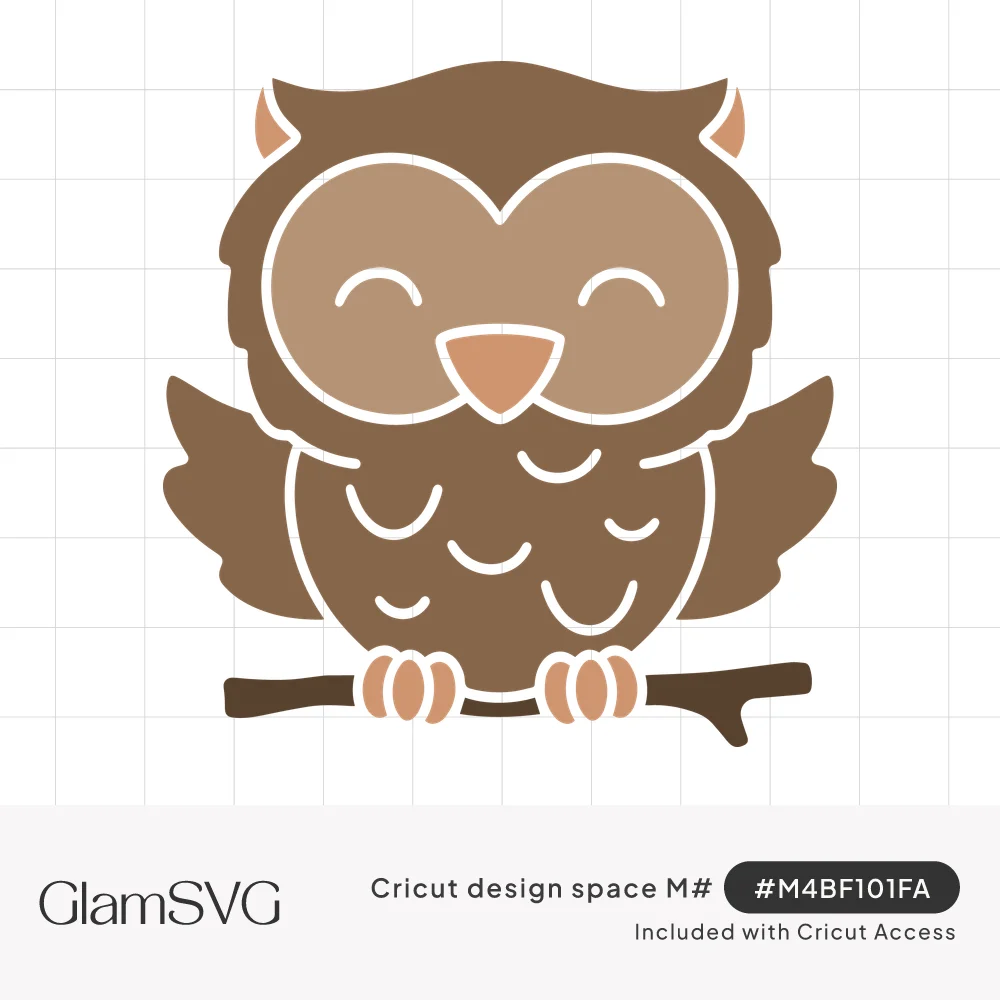 Cute brown cartoon owl with closed smiling eyes, peach beak and raised wings perched on a small branch