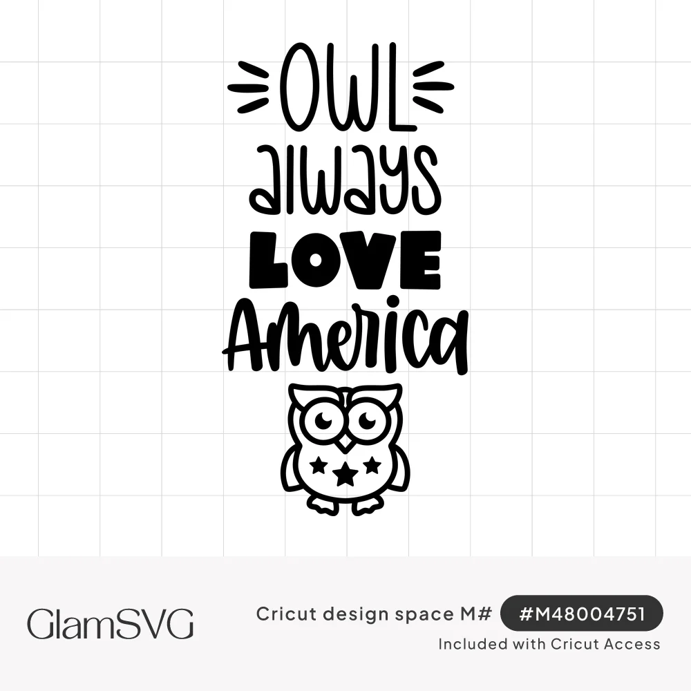 Black hand-lettered text reading Owl always love America above a cute cartoon owl with stars on its belly