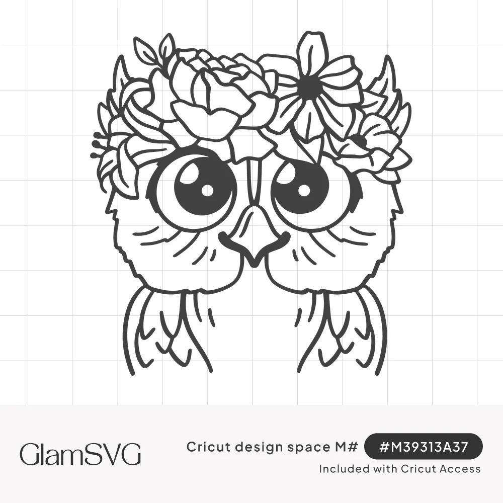 Line art of a big-eyed owl wearing a flower crown of peonies, daisies and leaves, with feathered wings below