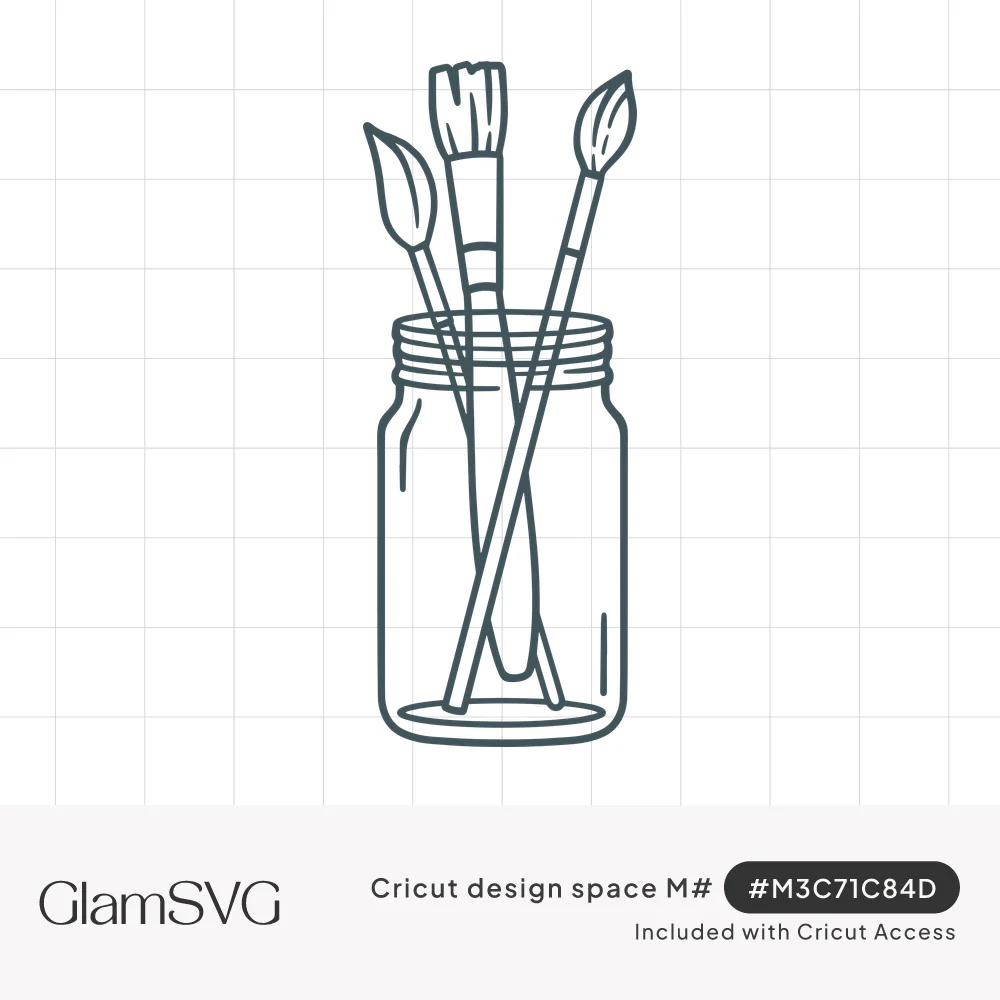 Charcoal line drawing of three paint brushes standing in a glass mason jar on a white background