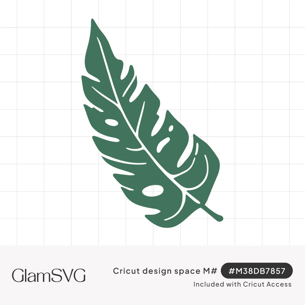 Green monstera leaf silhouette on a diagonal with split edges, oval holes and a thin pale center vein