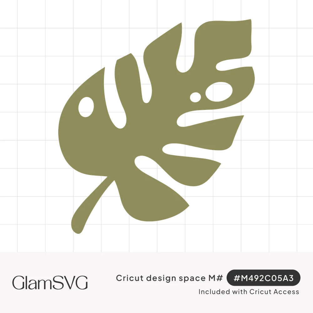 Olive green monstera leaf silhouette with split edges and small oval holes, stem angled toward the lower left