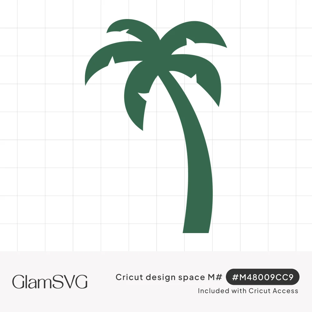 Dark green palm tree silhouette with notched fronds and a tall, gently curving trunk