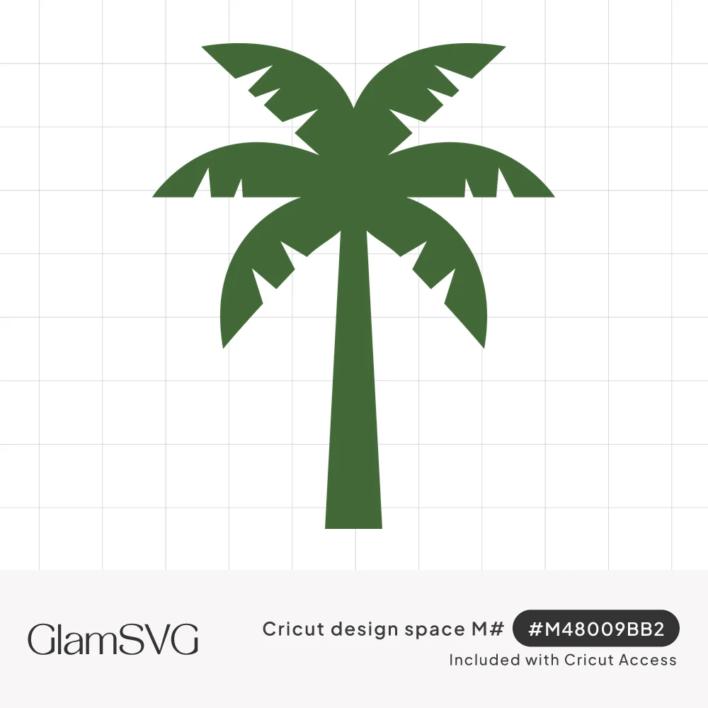 Solid green palm tree silhouette with a tall tapered trunk and six notched, spreading fronds