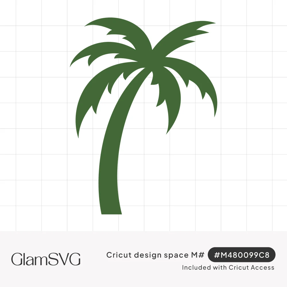 Solid green silhouette of a single palm tree with a curved trunk and jagged fronds on a white background
