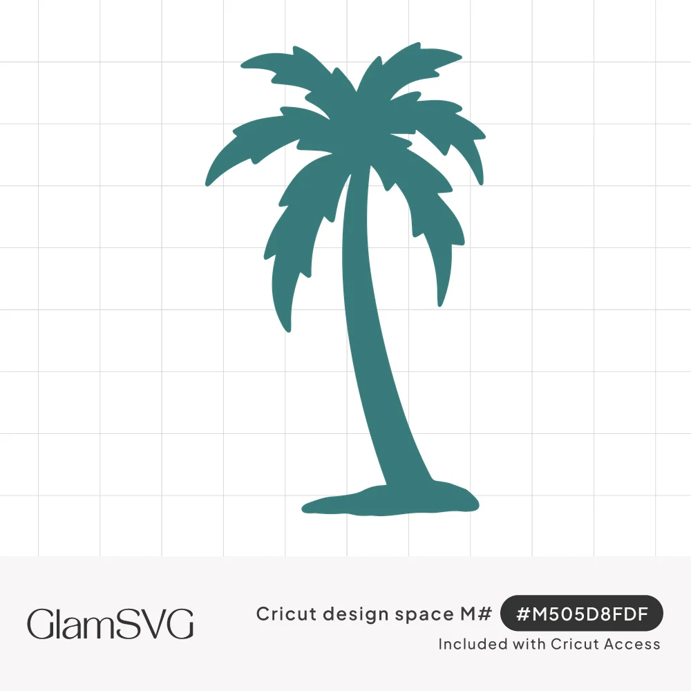 Teal silhouette of a single curved palm tree with spiky fronds standing on a small mound of sand