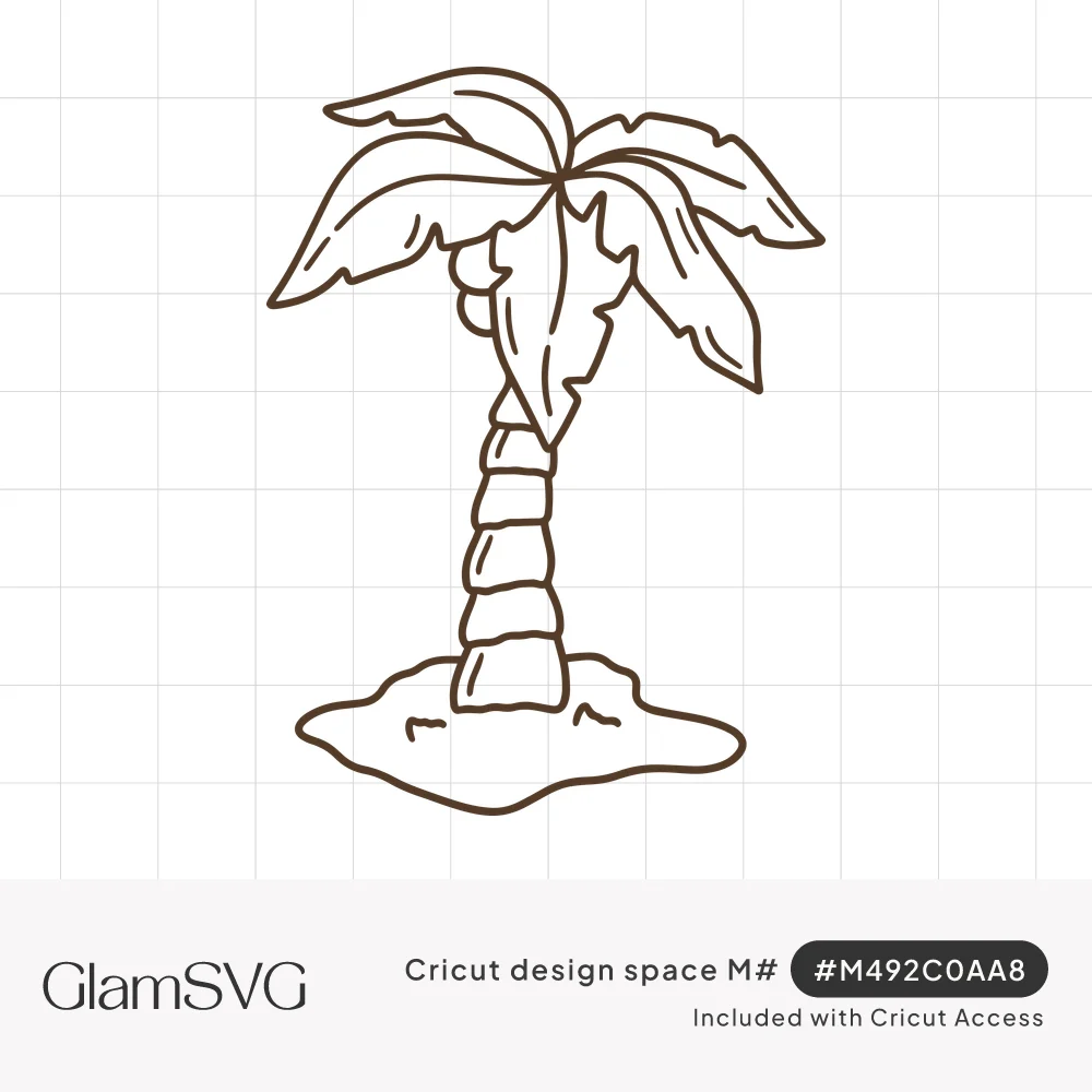 Outline drawing of a palm tree with coconuts and feathery fronds standing on a small mound of sand