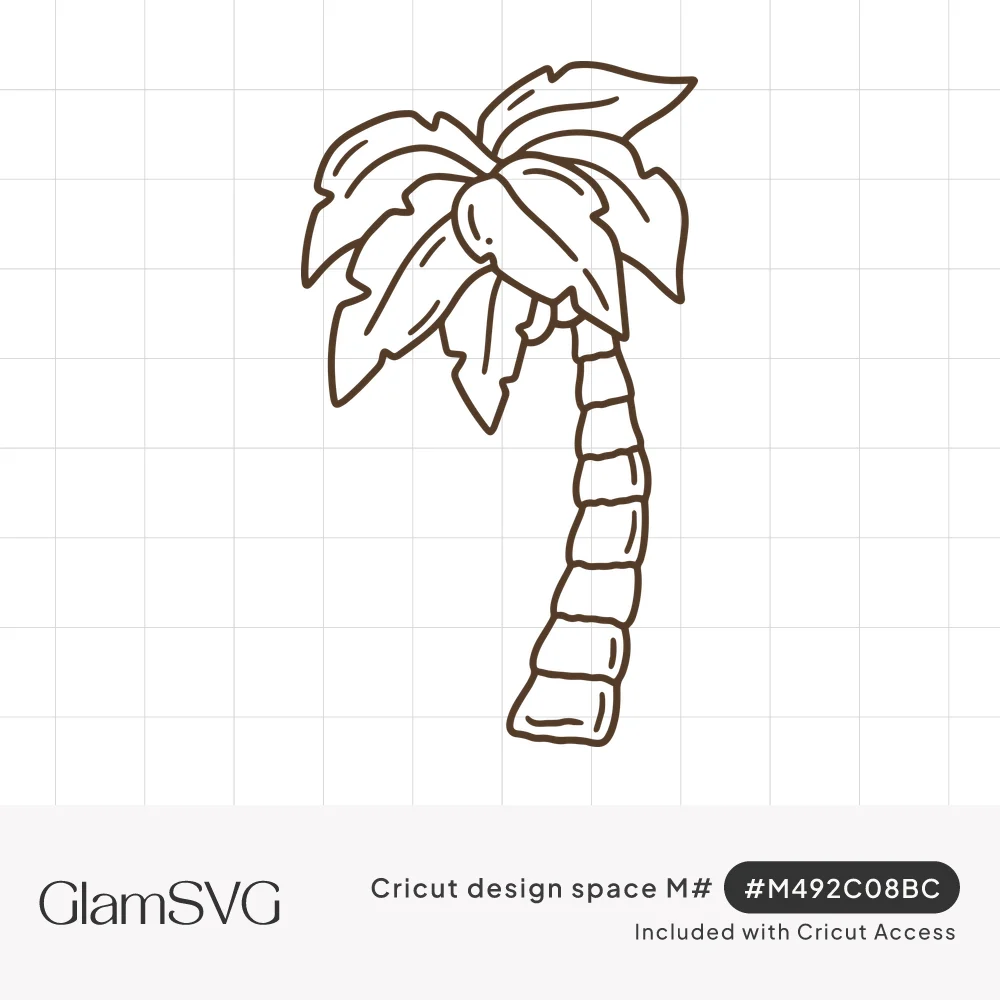 Brown outline drawing of a leaning palm tree with ruffled fronds, coconuts and a segmented trunk