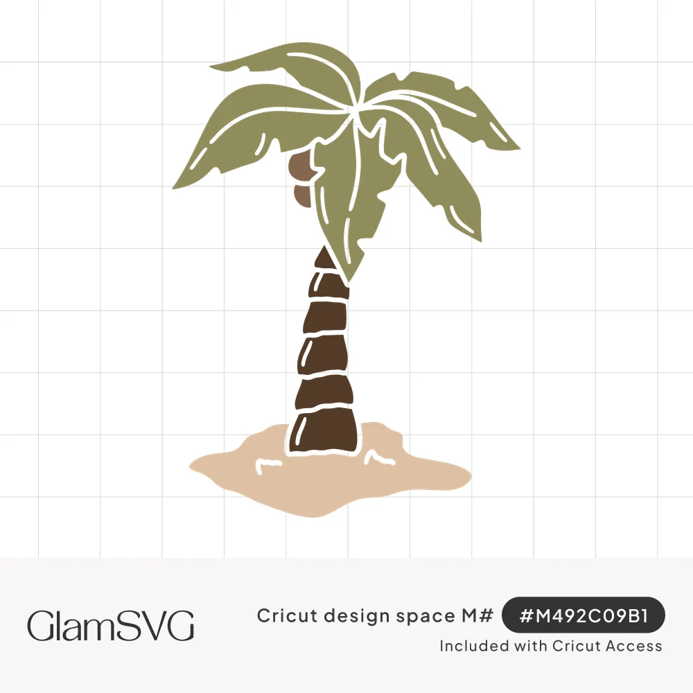 Illustration of a leaning palm tree with green fronds, brown coconuts and a segmented trunk on a small sandy mound