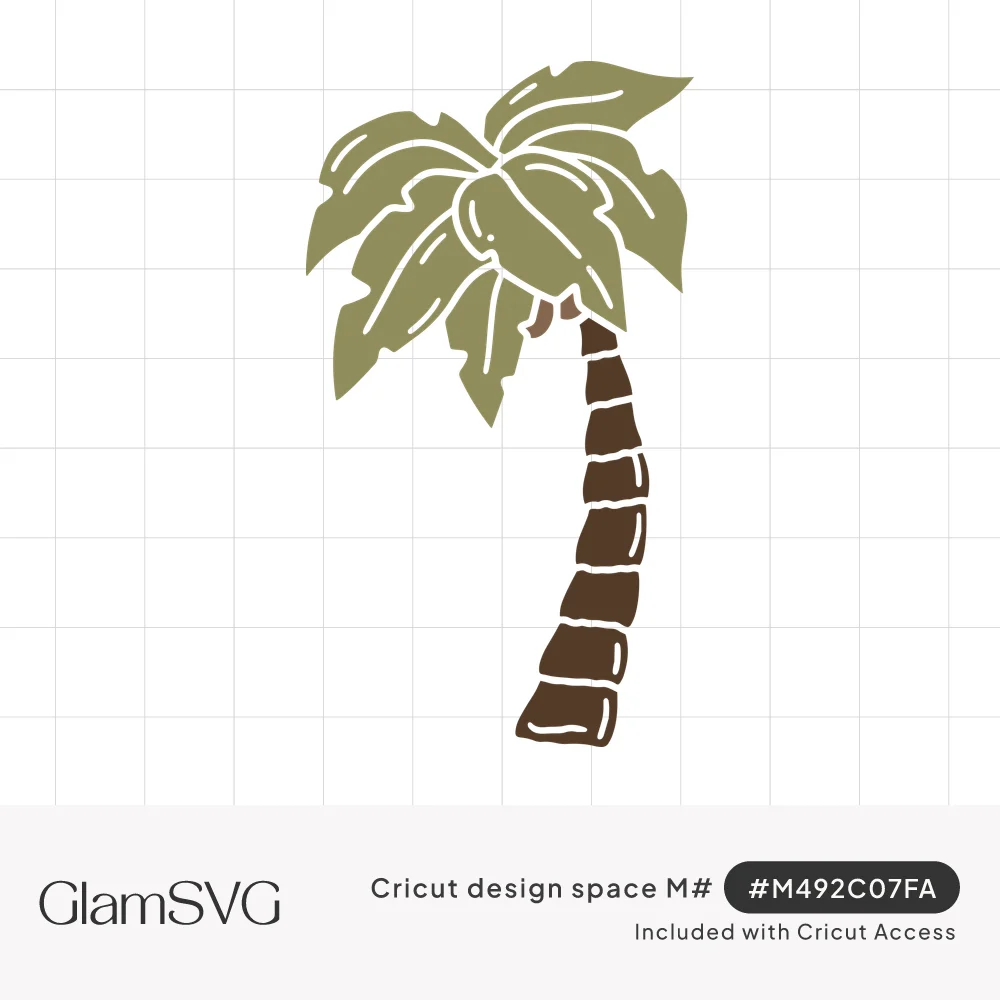 Leaning palm tree with olive green fronds, small coconuts and a segmented brown trunk detailed with white lines