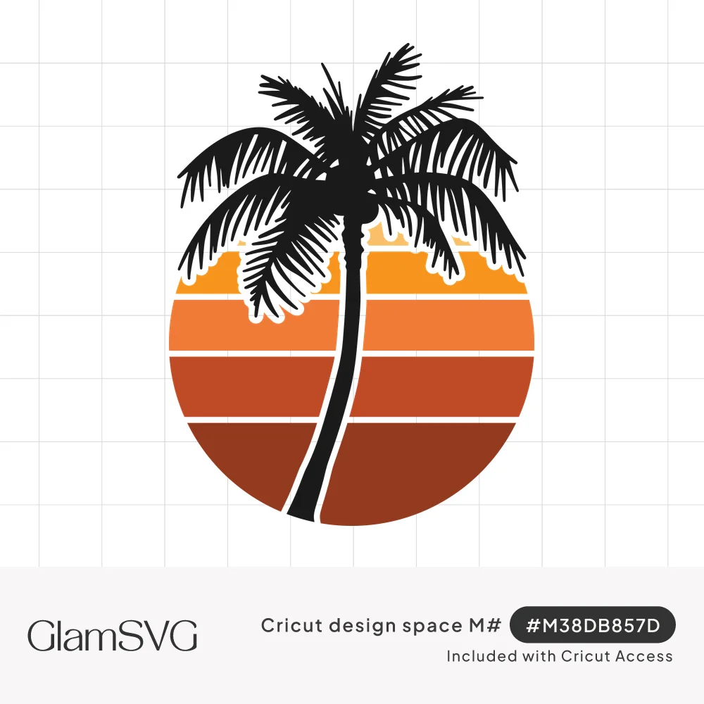 Black palm tree silhouette in front of a round retro sunset striped in orange, amber and rust bands