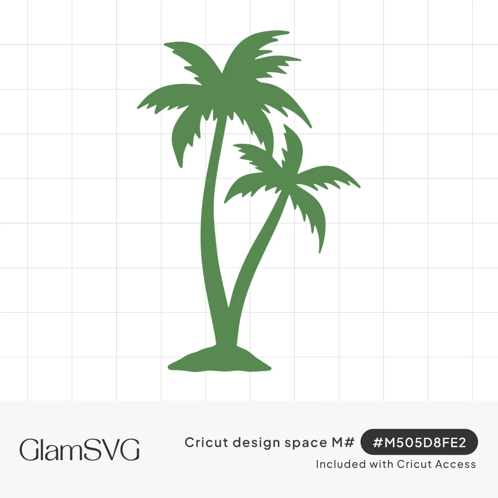 Green silhouette of two palm trees, one tall and one shorter, growing from a small mound of sand