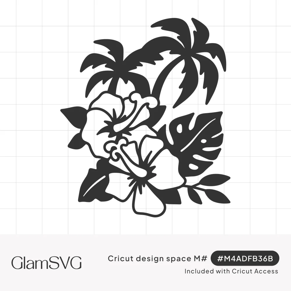Black silhouette of two palm trees behind two hibiscus flowers with a monstera leaf and tropical leaves