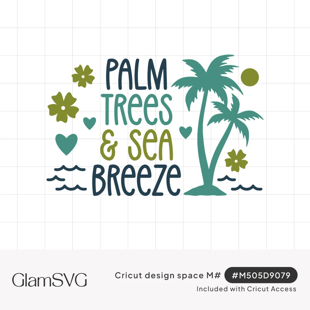 Hand-lettered Palm Trees & Sea Breeze in navy, teal and green with palm trees, flowers, hearts, sun and waves