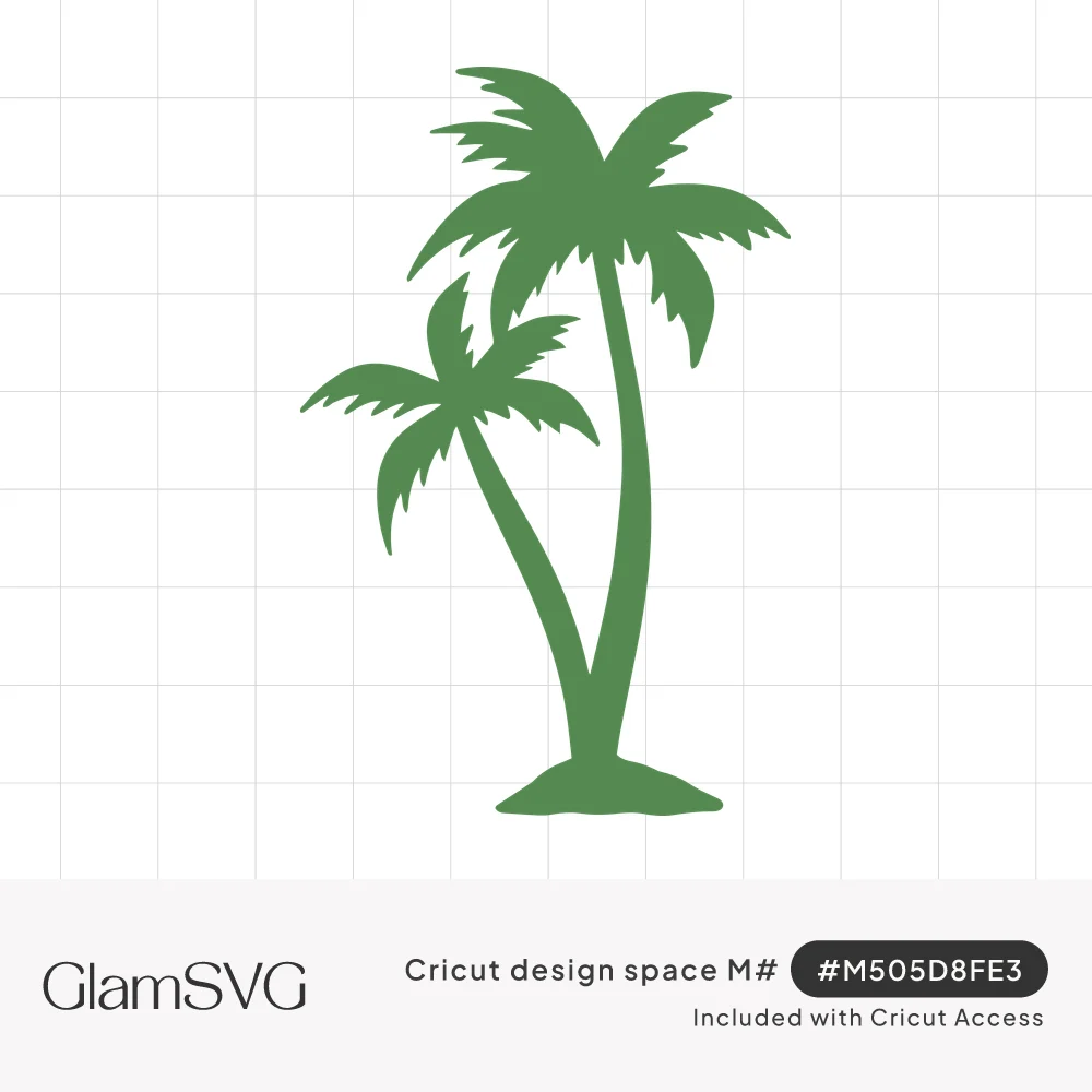 Green silhouette of two palm trees, one tall and one shorter, with jagged fronds growing from a small sandy island mound