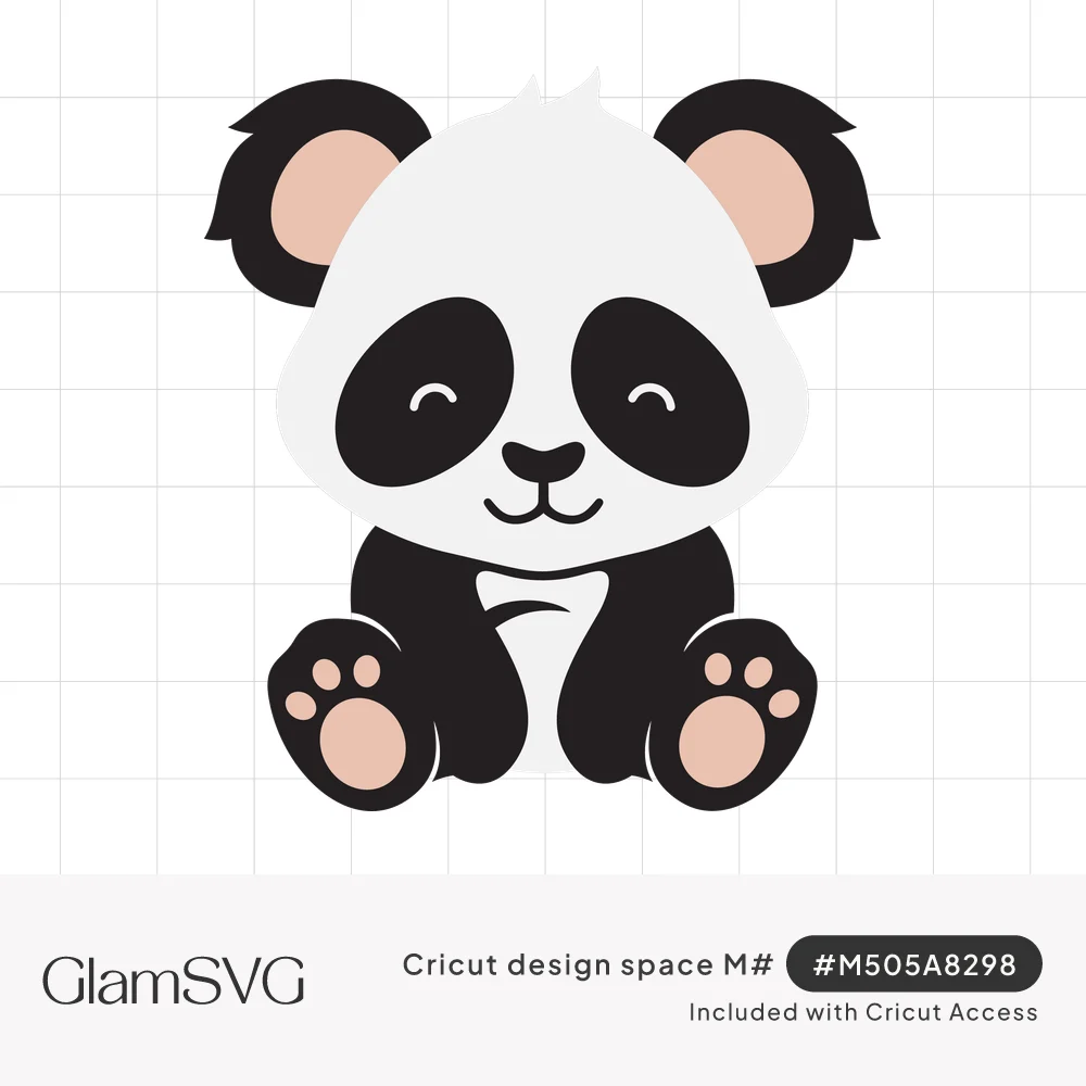Cute sitting baby panda with closed smiling eyes, black ears with pink centers and pink paw pads on its feet