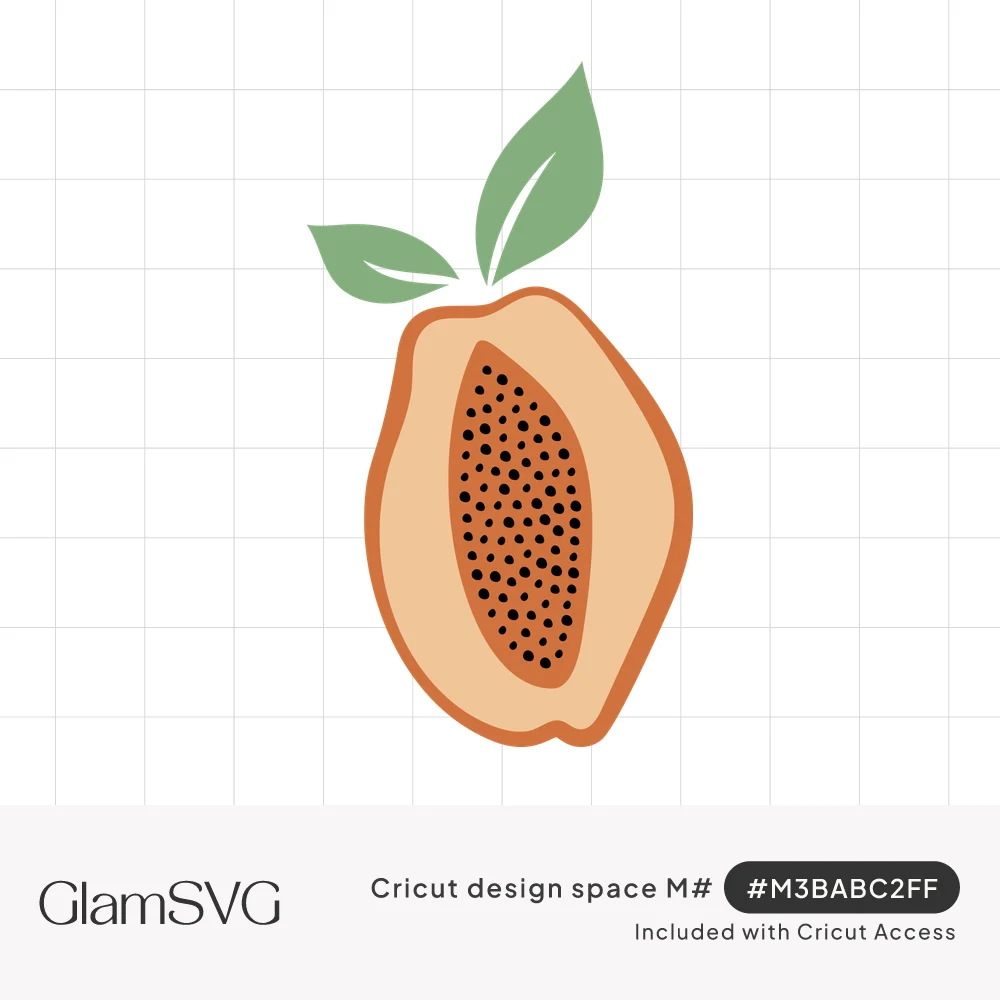 Illustration of a halved papaya with peach flesh, orange skin, black seeds and two green leaves on top