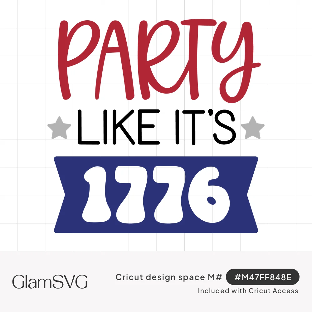 Red script Party, black Like It's with gray stars, and white 1776 on a navy banner in patriotic colors