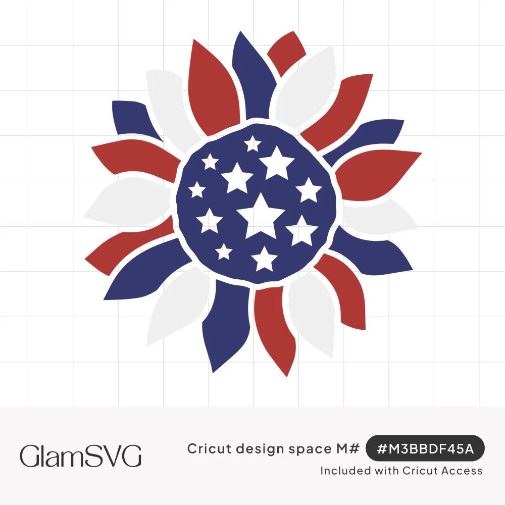 Sunflower with red, white and blue wavy petals and a navy center filled with white stars