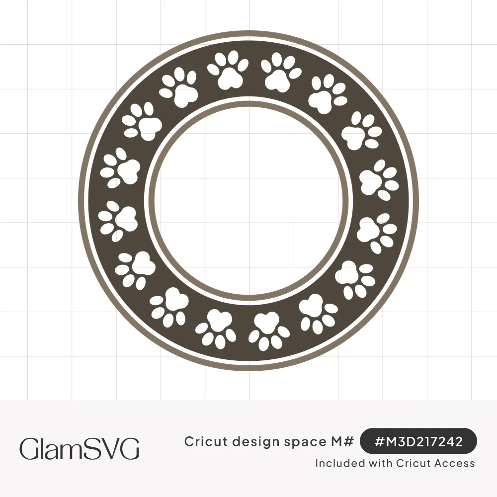 Circular frame with a dark band of white paw prints around an empty white center, edged by a thin outer ring