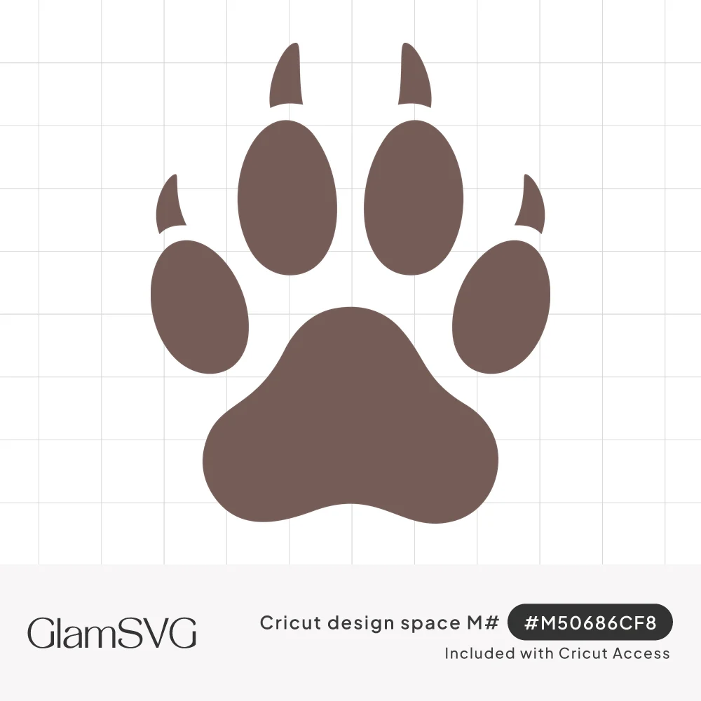 Brown paw print silhouette with a large main pad, four oval toe pads and pointed claws, outlined in dark gray