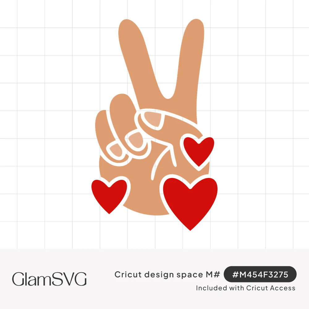 Tan hand making a peace sign with three red hearts gathered around the base of the fingers