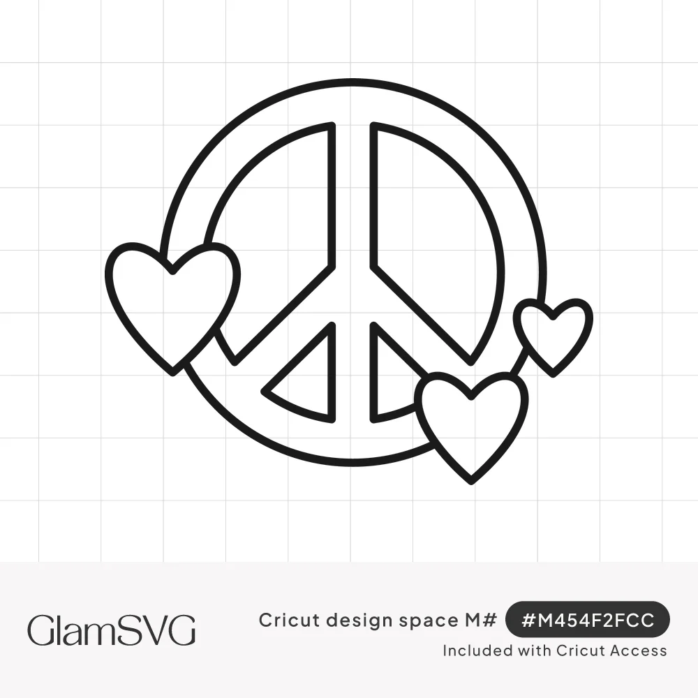 Outlined peace sign with three open hearts arranged around its left and lower right edges, in black line art